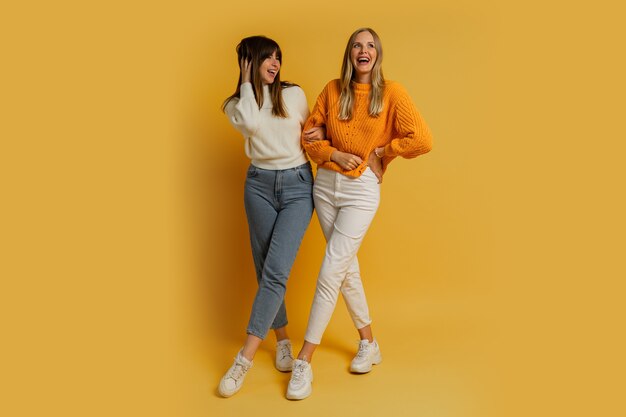 Dos mujeres bonitas, mejores amigas en ropa casual de otoño con estilo divirtiéndose en amarillo. De longitud completa.