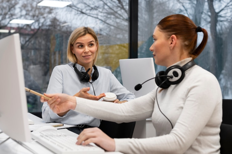 Foto gratuito dos mujeres conversando durante el trabajo en la oficina del centro de llamadas