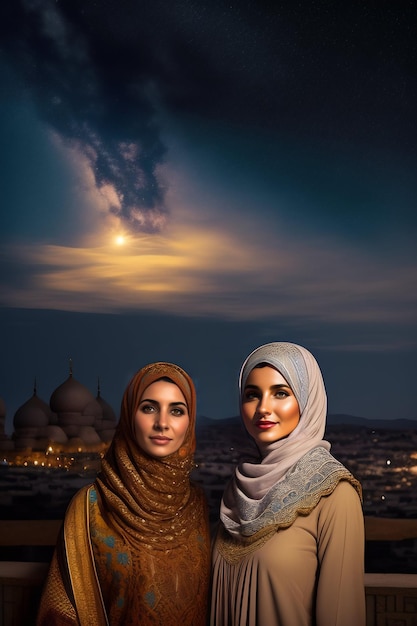 Dos mujeres con hiyab se paran frente a un cielo nocturno con la luna al fondo.