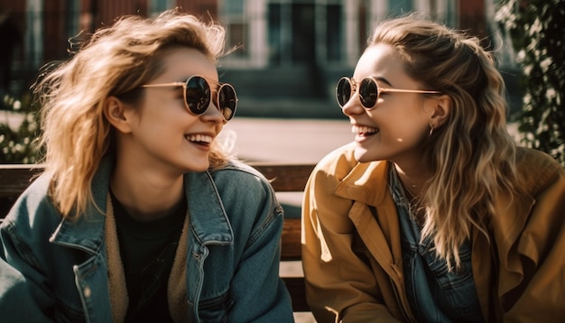 Dos mujeres jóvenes sentadas al aire libre disfrutando del verano generado por IA