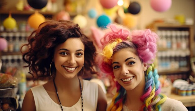 Dos mujeres jóvenes sonriendo disfrutando juntas de la amistad generada por IA