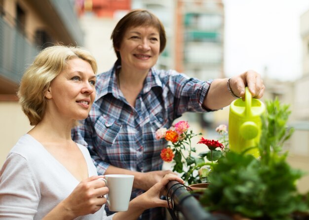 Dos mujeres maduras bebiendo té en la terraza