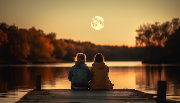 Foto gratuita dos mujeres sentadas en un muelle mirando la luna