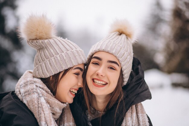 Dos niñas gemelas juntas en el parque de invierno