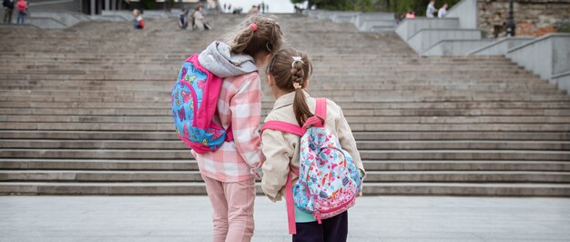 Dos niñas con hermosas mochilas en la espalda van a la escuela juntas de la mano. Concepto de amistad infantil.