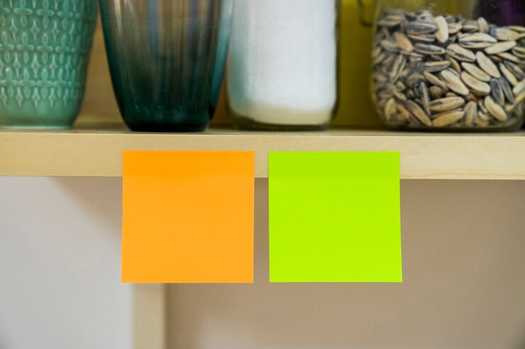Foto gratuito dos notas adhesivas en cocina