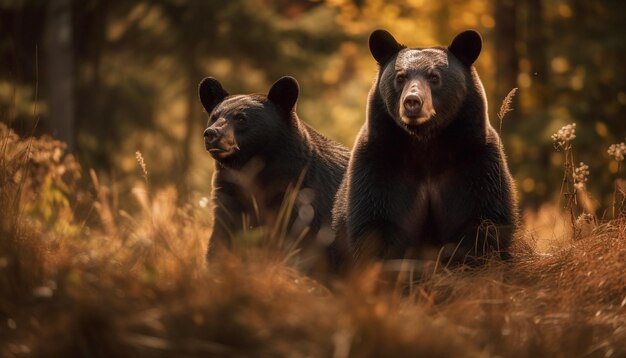 Dos osos negros en un bosque con un fondo dorado