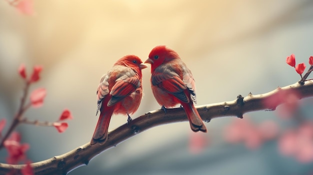 Foto gratuita dos pájaros en una rama con flores