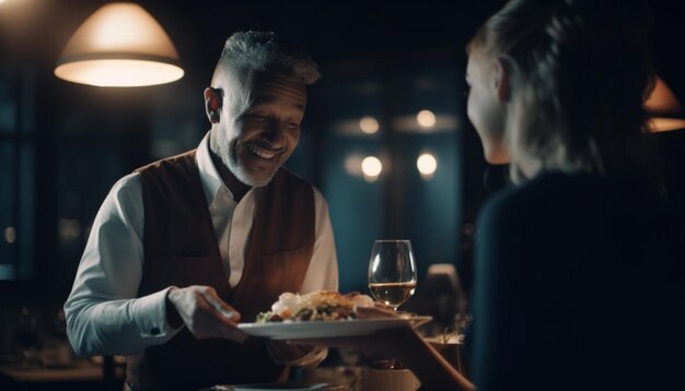 Dos parejas disfrutan de una comida alegre uniéndose con el vino y la comida generados por IA