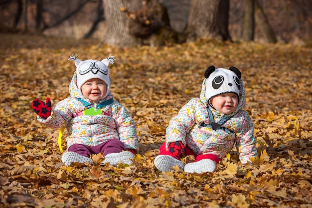 Foto gratuita las dos pequeñas niñas sentadas en las hojas de otoño