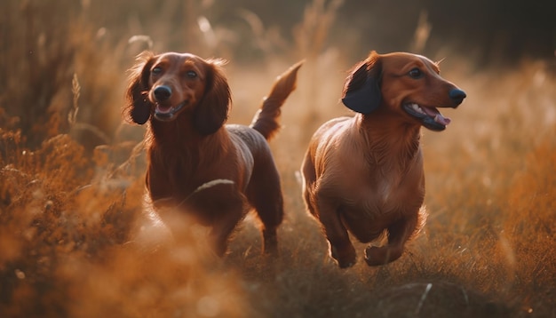 Dos perros salchicha corriendo en un campo con el sol brillando sobre ellos