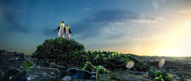 Dos pingüinos mirando a su alrededor y ven el océano con basura plástica. procesamiento de ilustración 3d de alta calidad