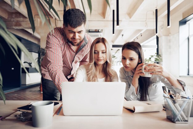 Dos socios comerciales masculinos y femeninos mirando la pantalla de la computadora y discutiendo su proyecto