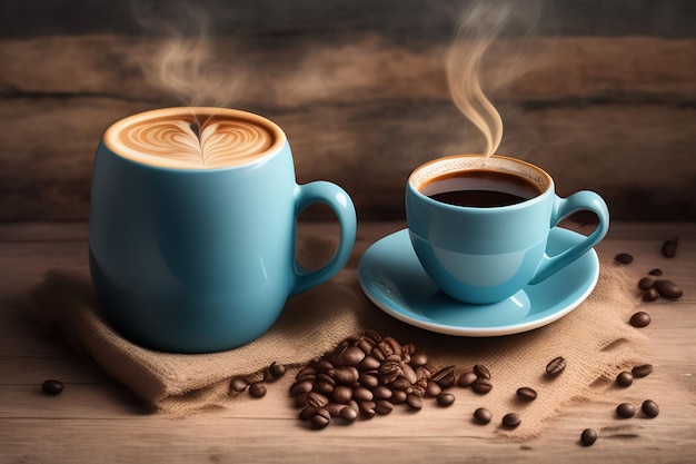 Dos tazas de café y un plato de café sobre una mesa con frijoles