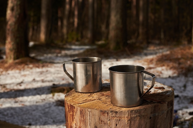 Foto gratuita dos tazas de té en el tocón en el bosque