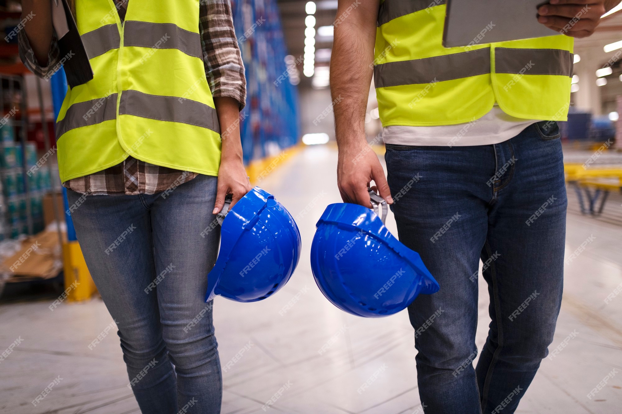 Dos trabajadores irreconocibles en traje reflectante caminando por el y sosteniendo cascos protectores azules | Foto