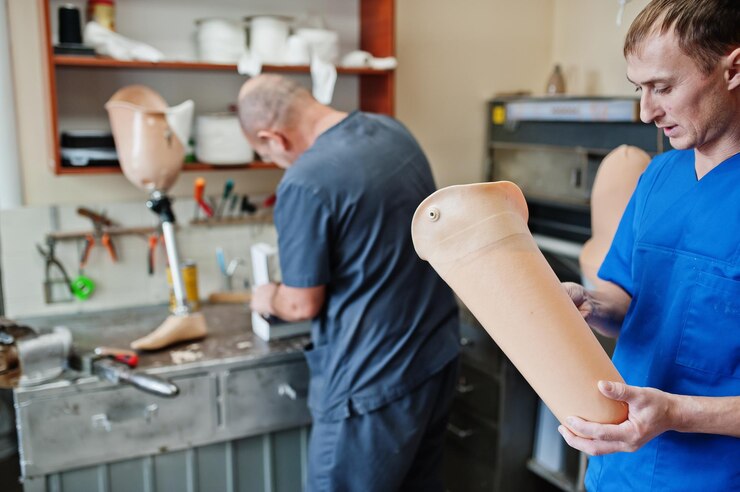 Foto gratuito dos trabajadores protésicos que fabrican una pierna protésica mientras trabajan en el laboratorio