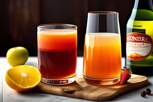 Foto gratuita dos vasos de jugo de naranja junto a una botella de jugo de naranja.