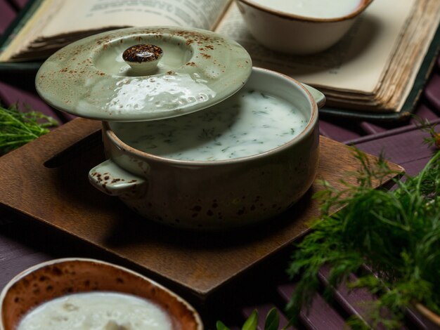 Dovga, sopa de crema de yogur tradicional en una sartén verde