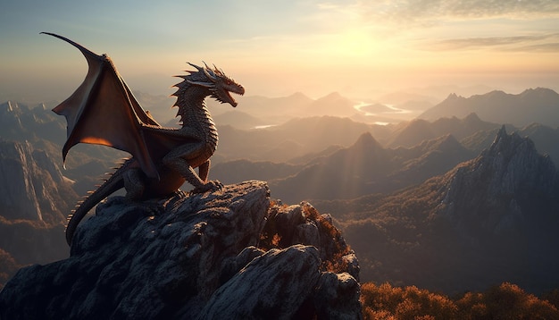 Dragón majestuoso encaramado en la cima de la montaña con vistas al impresionante paisaje generado por IA