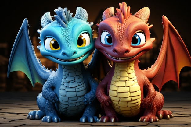 Foto gratuita los dragones en 3d están pasando el rato.