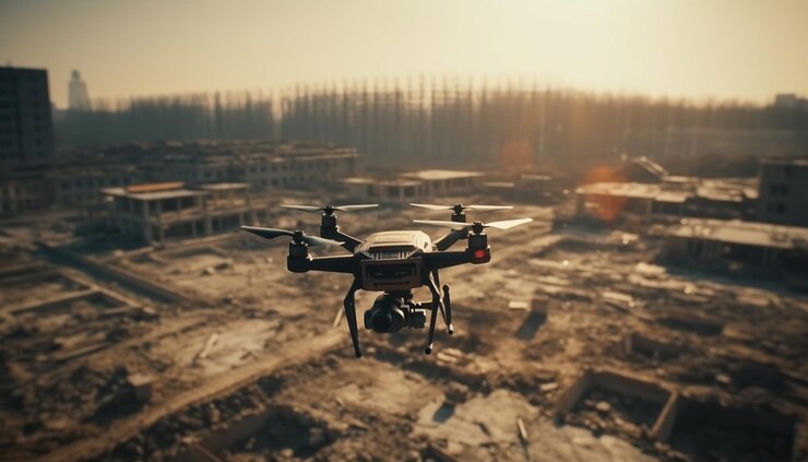 Foto gratuito un dron flotante captura el paisaje urbano al atardecer al aire libre generado por ia