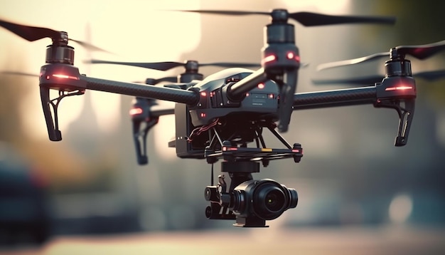 Dron futurista captura vista aérea al atardecer generada por IA