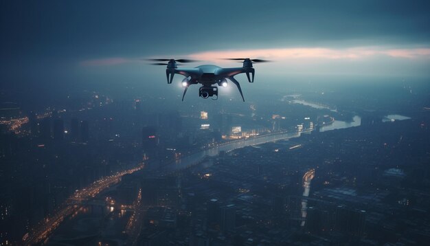 Un dron futurista sobrevuela el paisaje urbano generado por IA