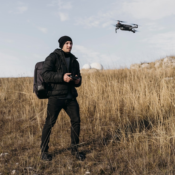 Foto gratuito drone de control de hombre de tiro medio
