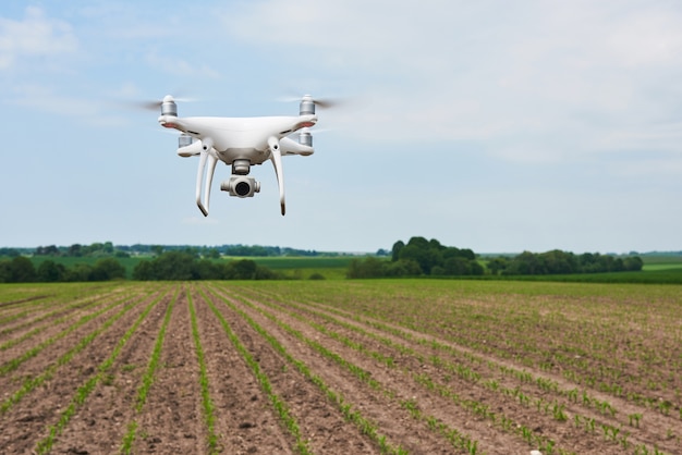 Foto gratuita drone quad copter con cámara digital de alta resolución en campo de maíz verde, agro