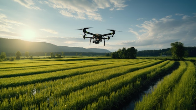 Drone realizando un estudio de tierras de cultivo verdes y vibrantes para la agricultura de precisión