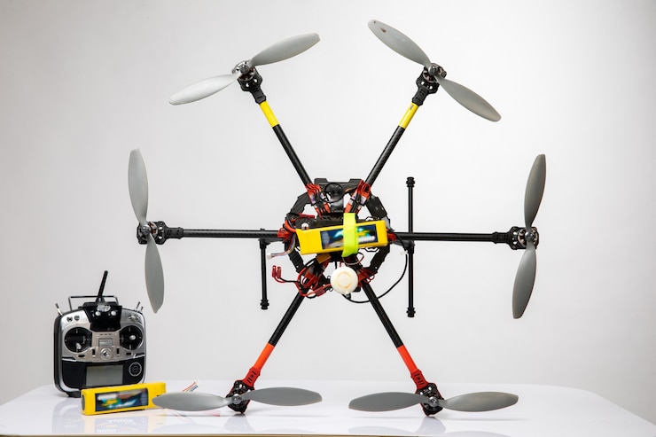 Foto gratuito drone volador y joystick de plata para ello