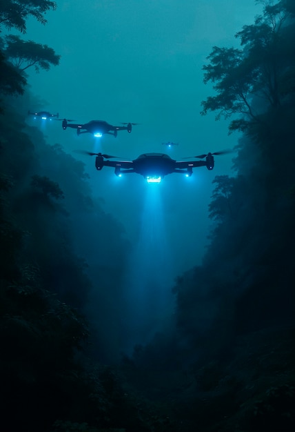 Drones exploring a dark forest with blue lights and a futuristic aesthetic.