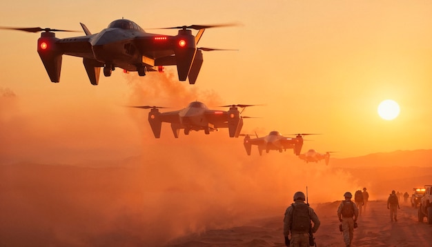 Drones in formation over desert at sunset with soldiers