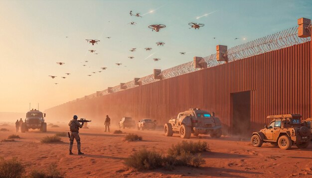 Drones patrol the border wall with military presence.