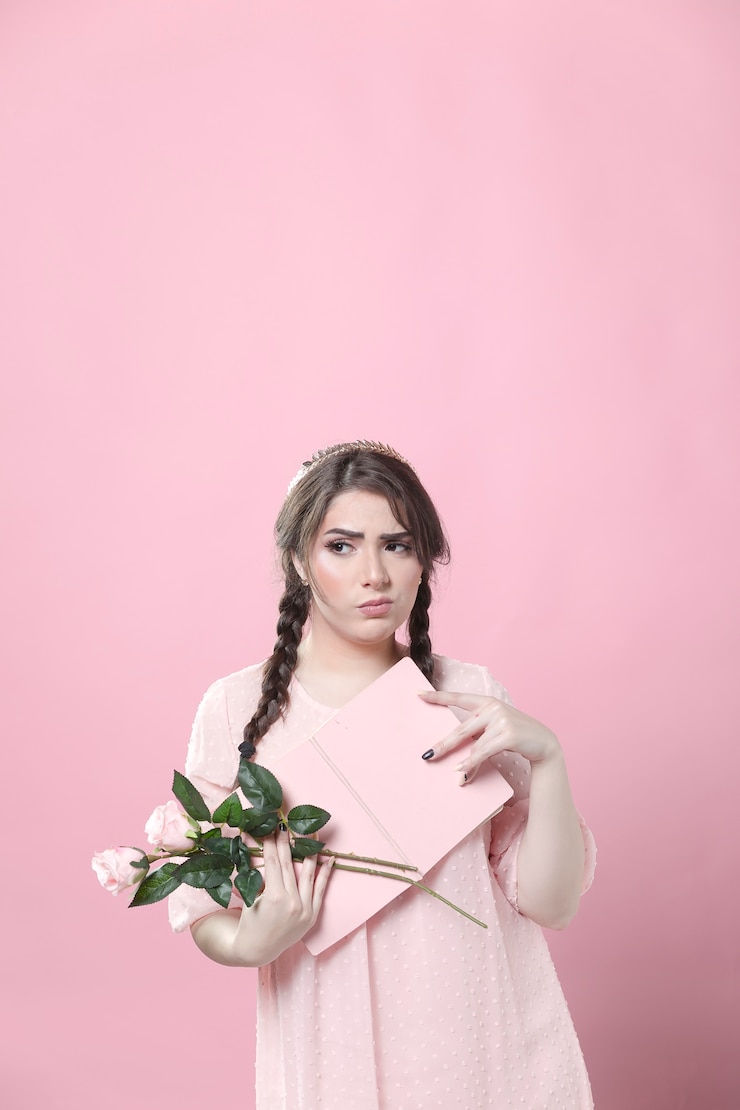 Foto gratuito dudosa mujer posando mientras sostiene rosas y libro