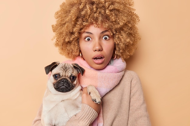 La dueña de una mascota, sorprendida, posa con un perro pug y descubre una sorprendente relevancia de las miradas fijas del veterinario, los ojos saltones, usa un suéter y una bufanda alrededor del cuello, aislado sobre un fondo beige, el concepto de mejor amigo