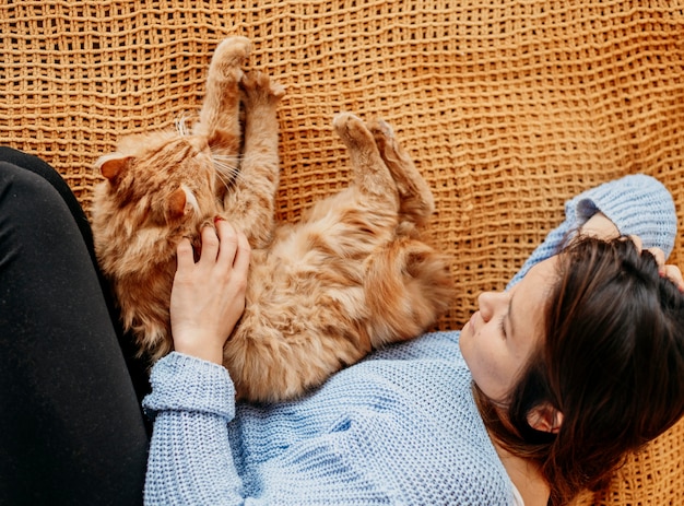 Foto gratuita dueño acariciando adorable gato