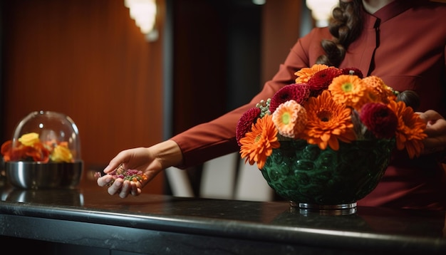 Dueño de floristería preparando arreglos frescos y coloridos generados por IA