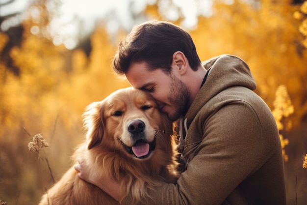 Foto gratuita el dueño de la mascota es afectuoso con su perro