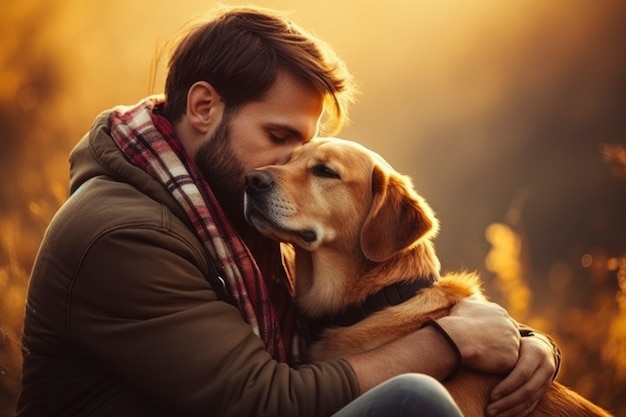 Foto gratuita el dueño de la mascota es afectuoso con su perro