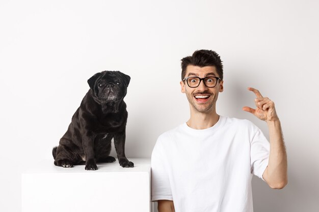 Dueño de perro feliz sentado cerca de lindo pug negro, sonriendo y mostrando pequeño tamaño, fondo blanco.