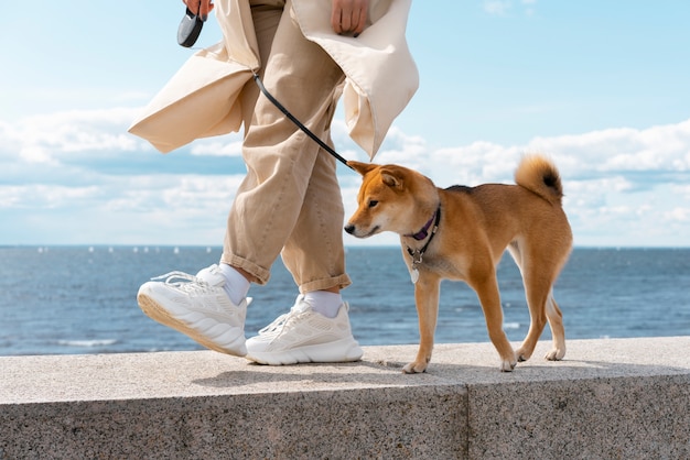 Foto gratuita dueño de vista lateral caminando con perro