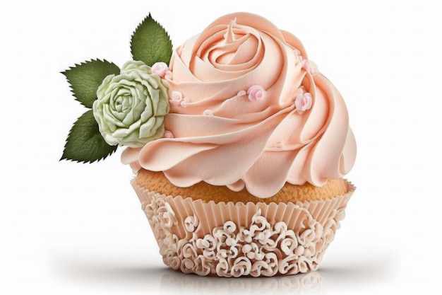 Dulce cupcake decorado con rosas aisladas sobre fondo blanco Ai generativo