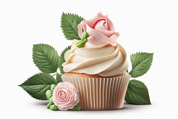 Dulce cupcake decorado con rosas aisladas sobre fondo blanco Ai generativo