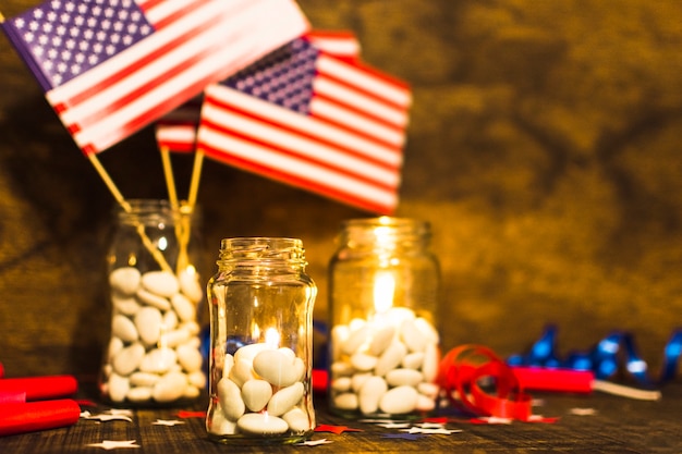 Dulces decorativos tarro con bandera de Estados Unidos para el día de celebración de la independencia