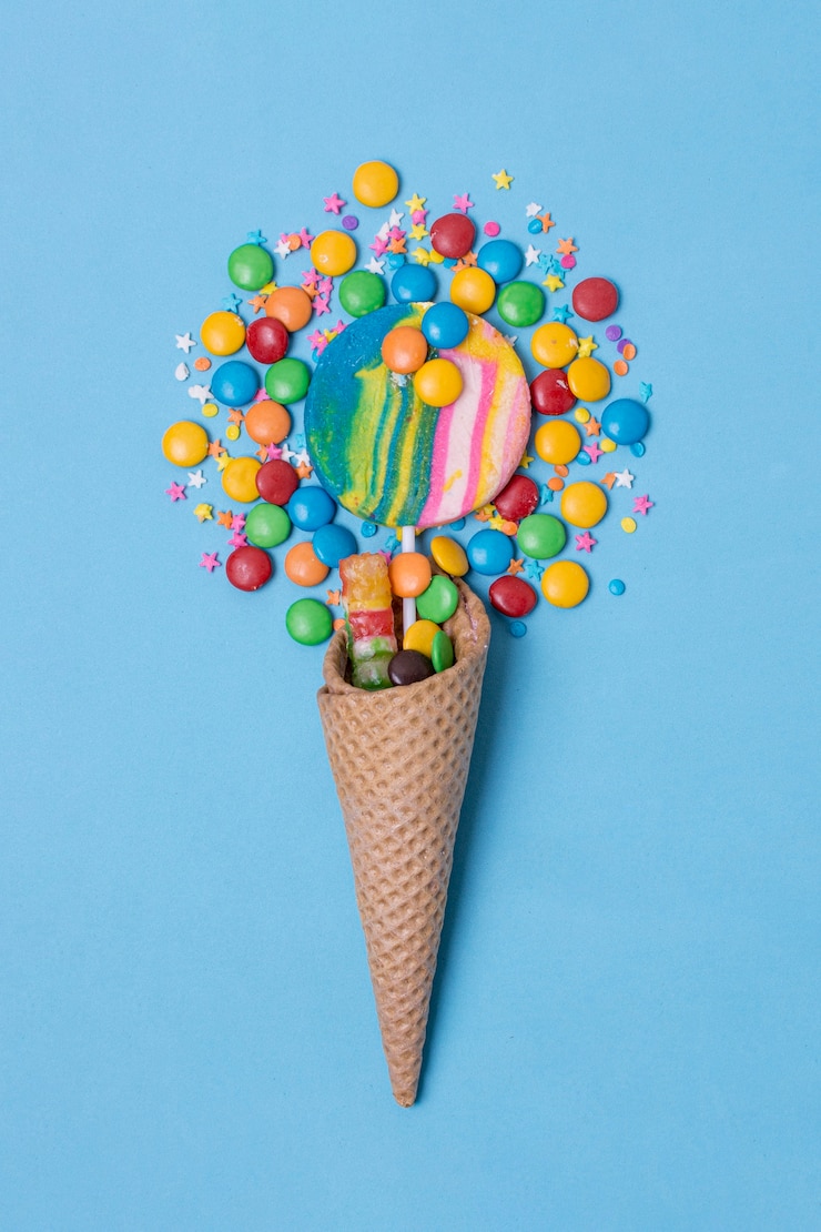 Foto gratuito dulces minimalistas y cono de helado de piruleta