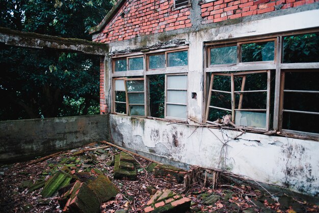 Edificio antiguo abandonado con ventanas destruidas en el bosque