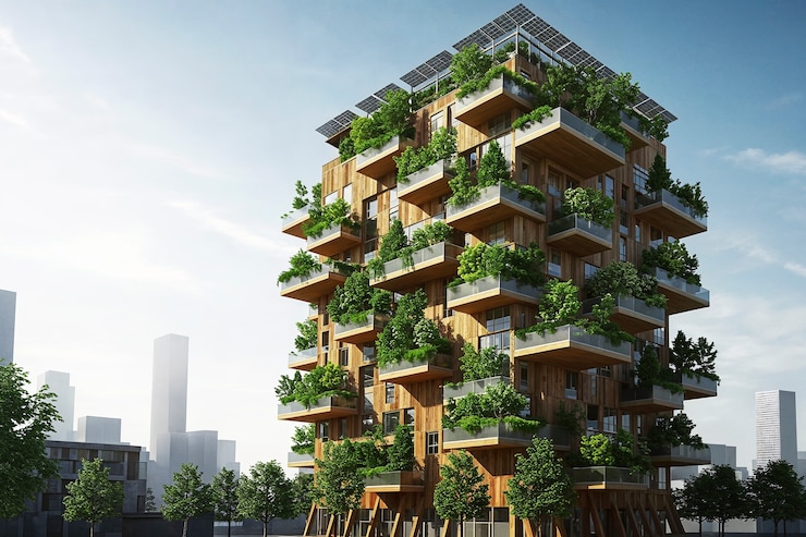 Foto gratuito edificio de apartamentos ecológico con jardines verticales y paneles solares