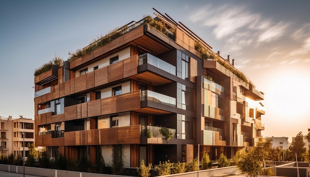 Edificio de apartamentos de lujo con fachada de vidrio que refleja la puesta de sol generada por IA